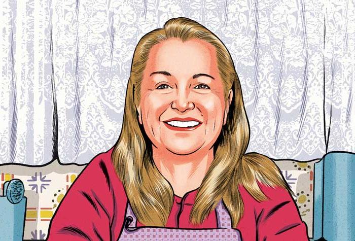 Illustration of Mary Shrader flanked by video equipment preparing a meal in her home kitchen.